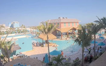 View of the vibrant Margaritaville Fort Myers Beach resort, featuring a sparkling pool surrounded by palm trees and loungers, as seen from the Fins Up Beach Club.